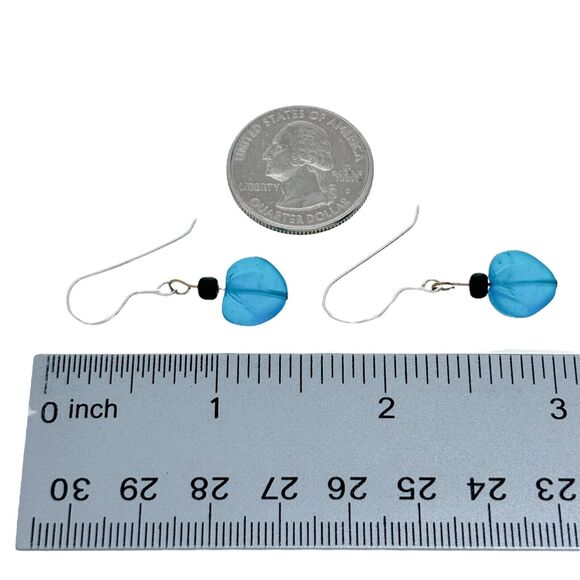 Vintage Silver Tone Blue Sea Glass Heart Dangle Earrings - Picture 3 of 4